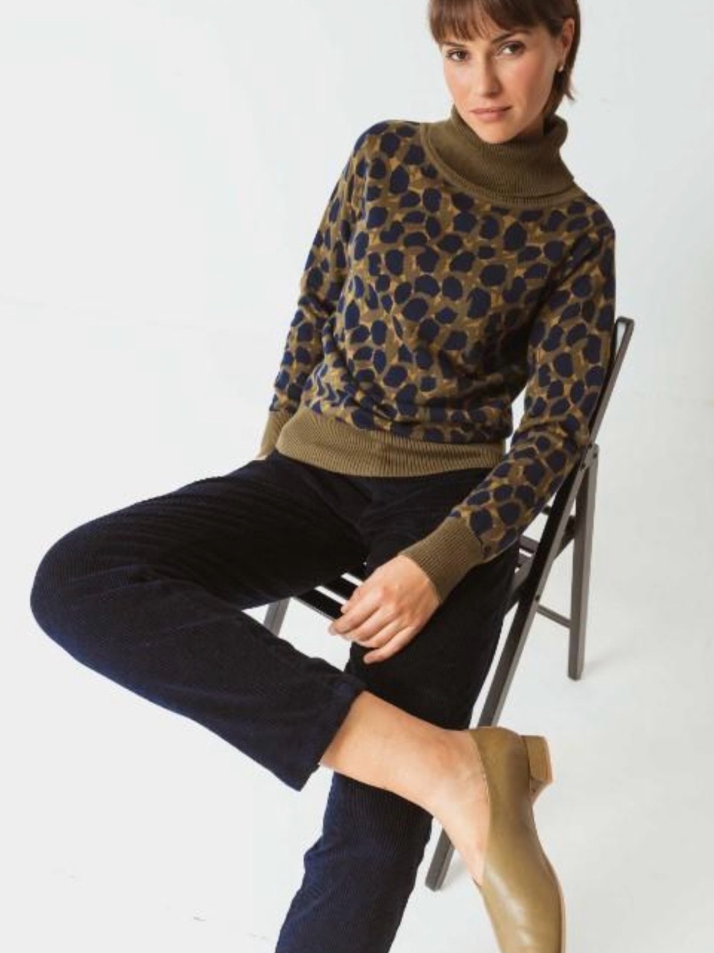SKFK Maite 100% Organic Cotton Olive & Navy Leopard Turtleneck Sweater cozy soft